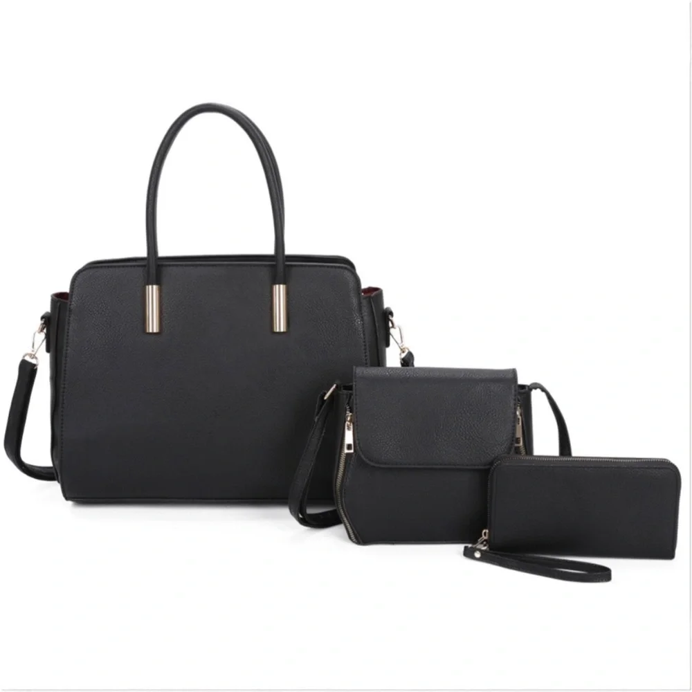 NEW Elegant Black Fashion Top Handle 3-in-1 Satchel / Tote / Crossbody 3PC Set